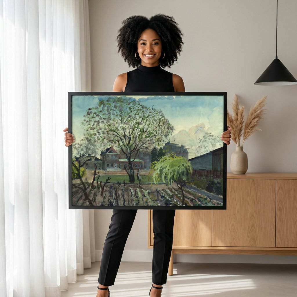 Quadro Decorativo Paisagem com Casas e Árvores - Oskar Laske com modelo em ambiente