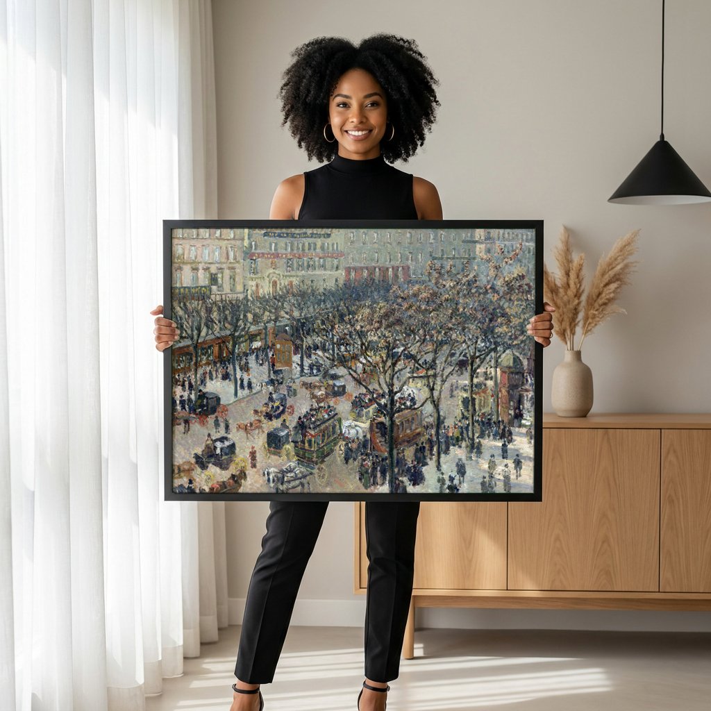 Quadro Decorativo Boulevard Montmartre à Noite - Pissarro com modelo em ambiente