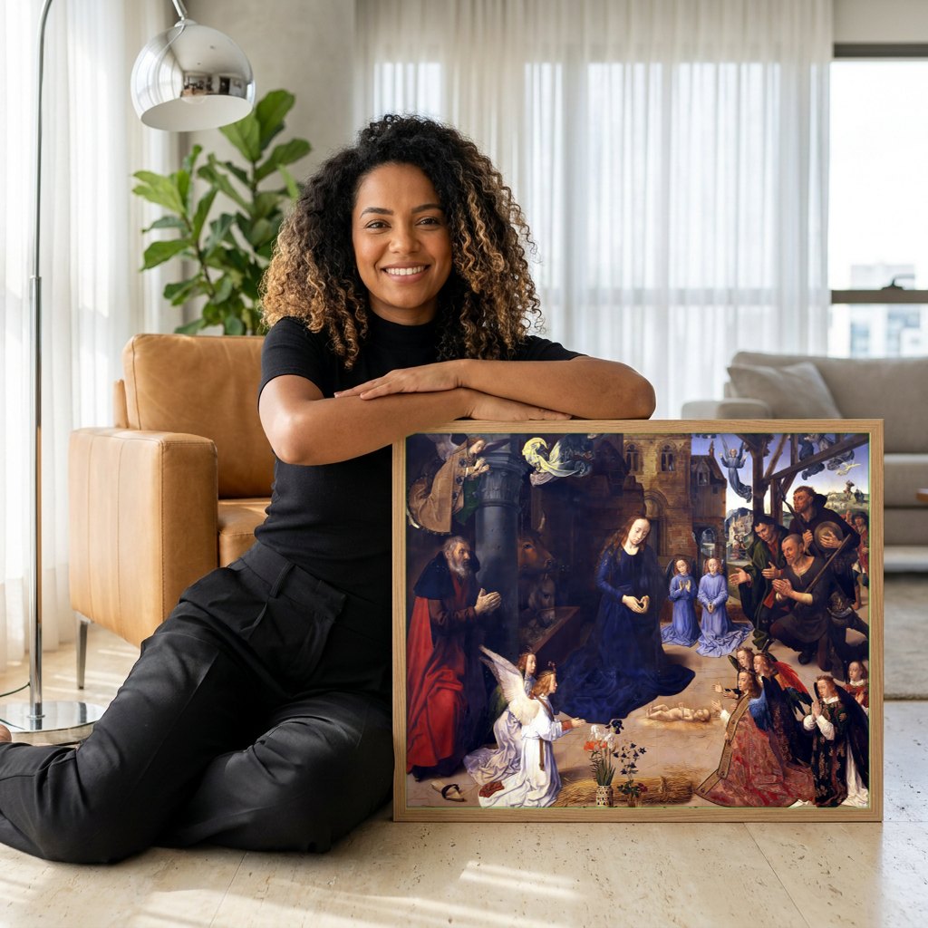 Quadro Decorativo A Adoração dos Pastores - Hugo van der Goes | modelo apresentando o quadro emoldurado