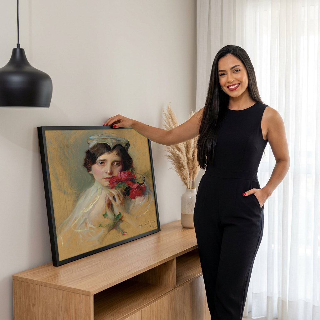 Quadro Decorativo 'Mulher com Rosas Vermelhas' - Philip Alexius de László | modelo apresentando o quadro emoldurado
