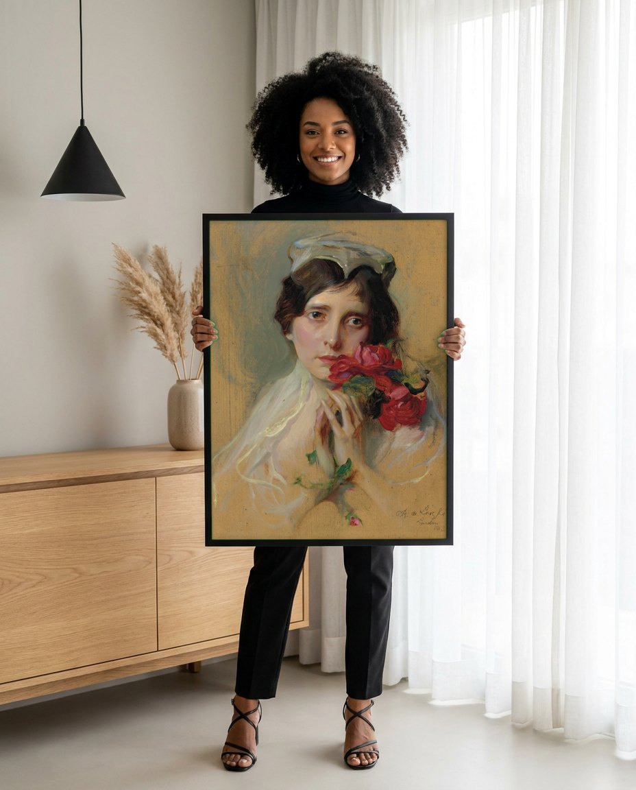 Quadro Decorativo 'Mulher com Rosas Vermelhas' - Philip Alexius de László | modelo apresentando o quadro emoldurado