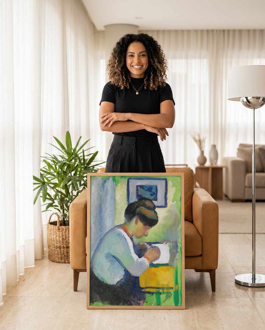 Quadro Decorativo A Leitora - August Macke | modelo apresentando o quadro emoldurado