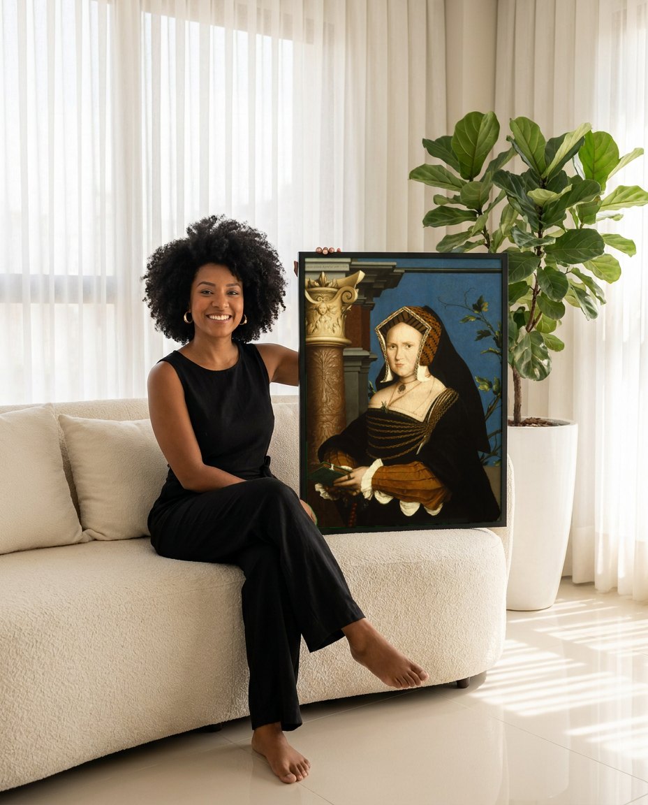 Quadro Decorativo A Senhora com Livro de Orações - Hans Holbein | modelo apresentando o quadro emoldurado