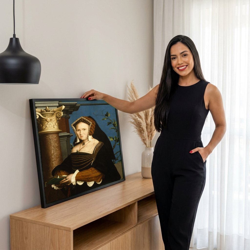 Quadro Decorativo A Senhora com Livro de Orações - Hans Holbein | modelo apresentando o quadro emoldurado