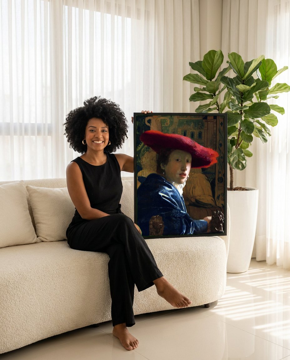 Quadro Decorativo A Moça do Chapéu Vermelho - Johannes Vermeer | modelo apresentando o quadro emoldurado