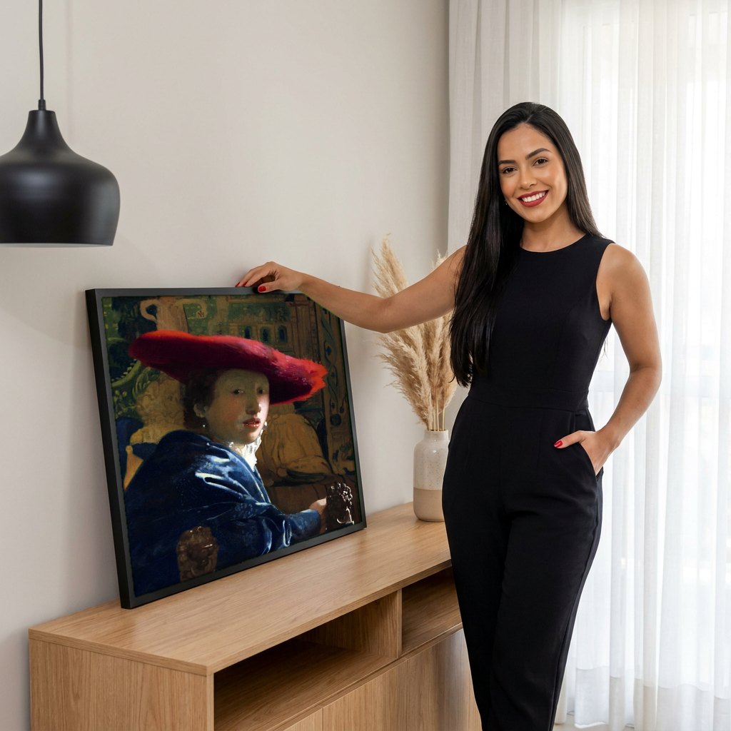 Quadro Decorativo A Moça do Chapéu Vermelho - Johannes Vermeer | modelo apresentando o quadro emoldurado