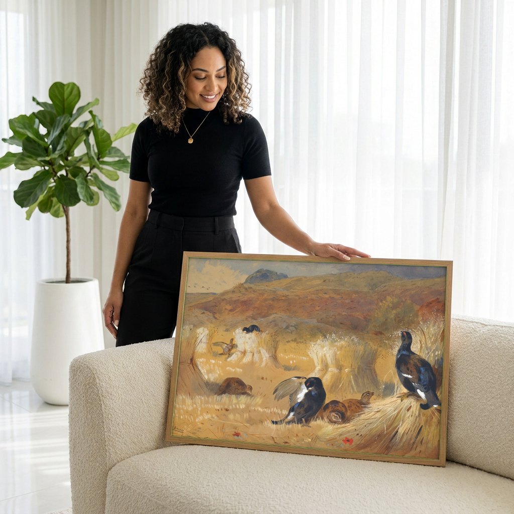 Quadro Decorativo Aves de Campo em Terreno de Colheita - Thorburn | modelo apresentando o quadro emoldurado