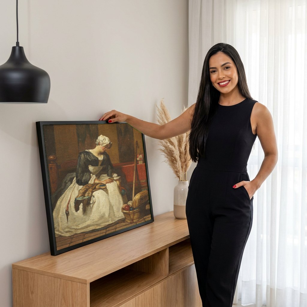 Quadro Decorativo A Costureira - Jean Siméon Chardin | modelo apresentando o quadro emoldurado