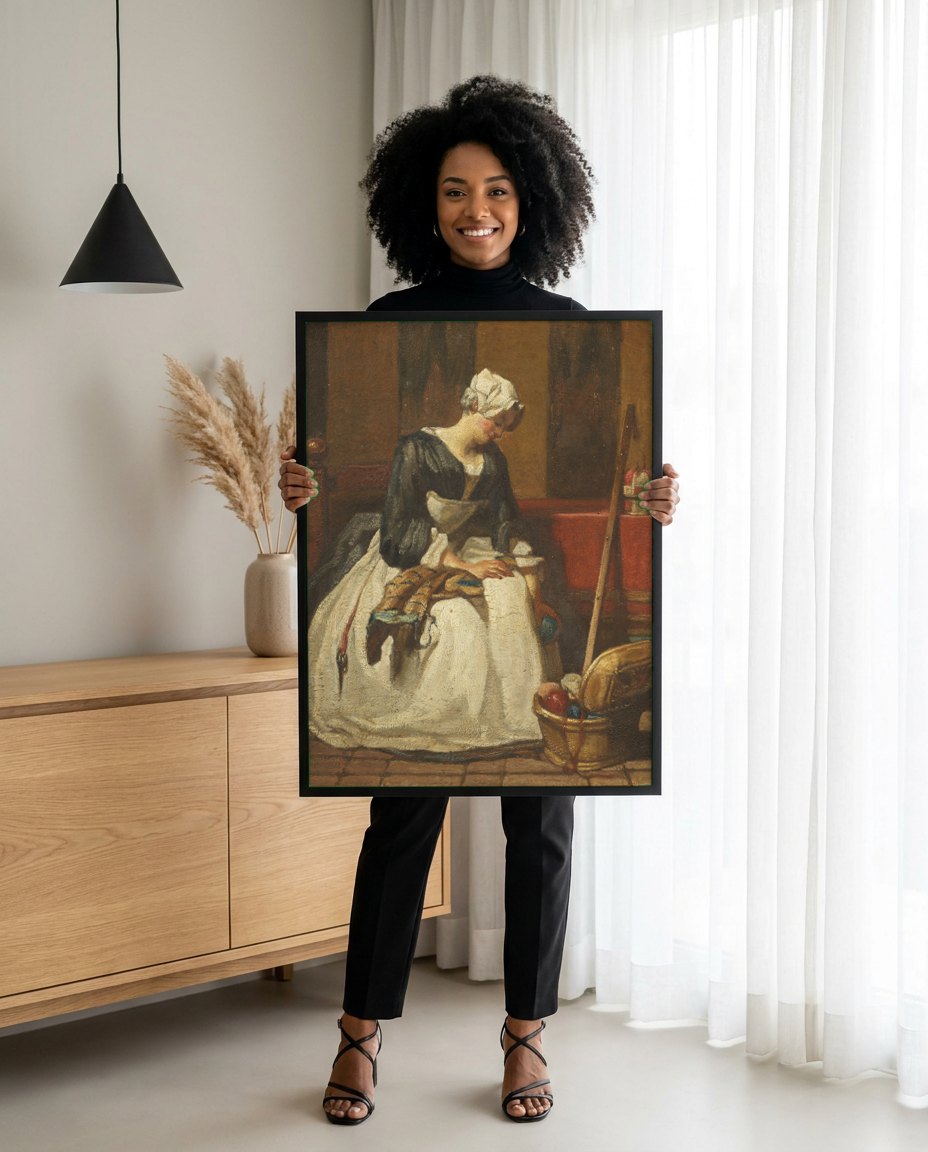 Quadro Decorativo A Costureira - Jean Siméon Chardin | modelo apresentando o quadro emoldurado