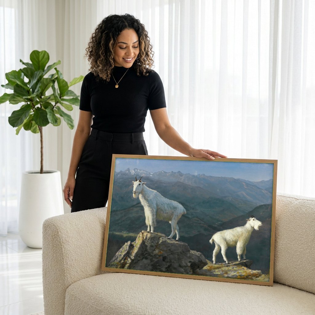 Quadro Decorativo Cabras na Montanha - Bierstadt | modelo apresentando o quadro emoldurado
