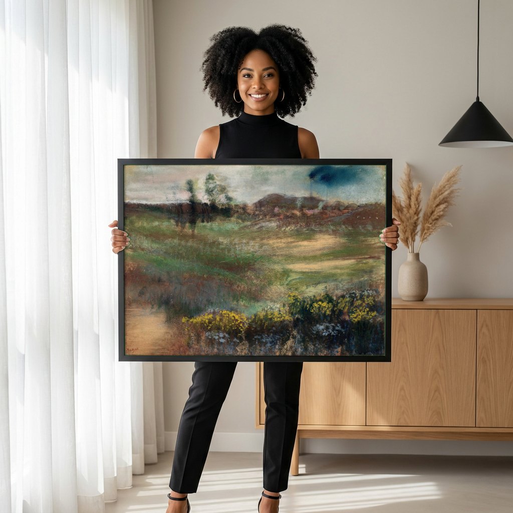 Quadro Decorativo Paisagem com Nuvens - Degas | modelo apresentando o quadro emoldurado