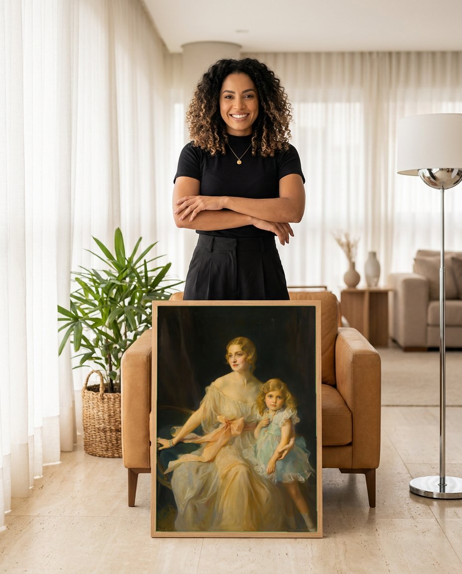 Quadro Decorativo Mãe e Filha - Philip Alexius de László | modelo apresentando o quadro emoldurado