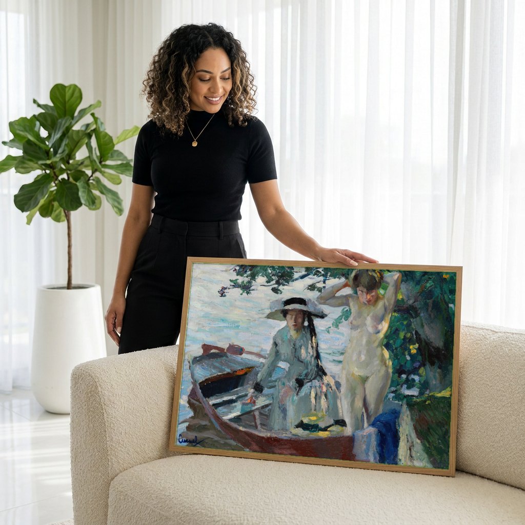 Quadro Decorativo A Chegada - Edward Cucuel | modelo apresentando o quadro emoldurado