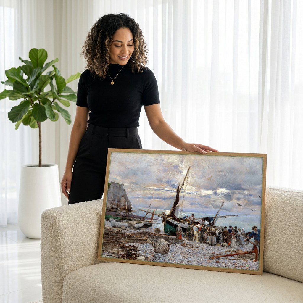 Quadro Decorativo Porto de Pesca em Etretat - Giovanni Boldini | modelo apresentando o quadro emoldurado