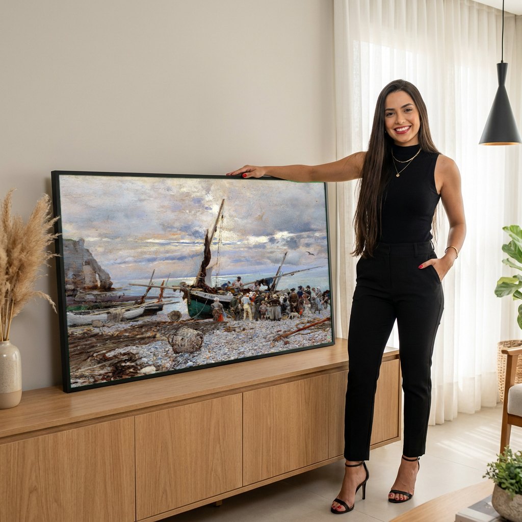 Quadro Decorativo Porto de Pesca em Etretat - Giovanni Boldini | modelo apresentando o quadro emoldurado
