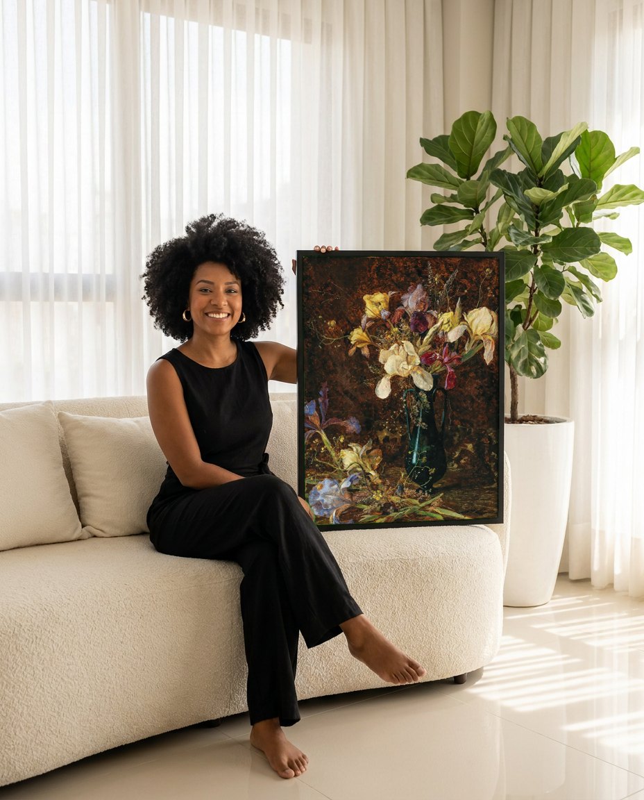 Quadro Decorativo Jarro com Íris - Marie Egner | modelo apresentando o quadro emoldurado
