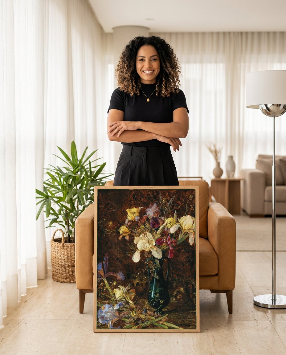 Quadro Decorativo Jarro com Íris - Marie Egner | modelo apresentando o quadro emoldurado