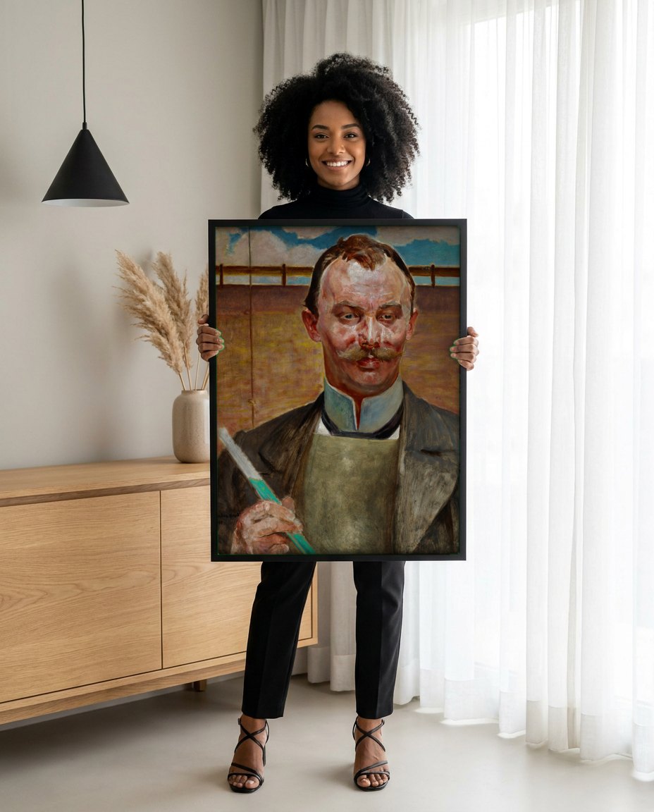 Quadro Decorativo 'Autorretrato com pincel' - Jacek Malczewski | modelo apresentando o quadro emoldurado