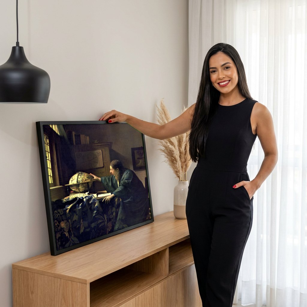 Quadro Decorativo O Geógrafo - Johannes Vermeer | modelo apresentando o quadro emoldurado