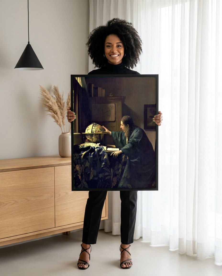 Quadro Decorativo O Geógrafo - Johannes Vermeer | modelo apresentando o quadro emoldurado
