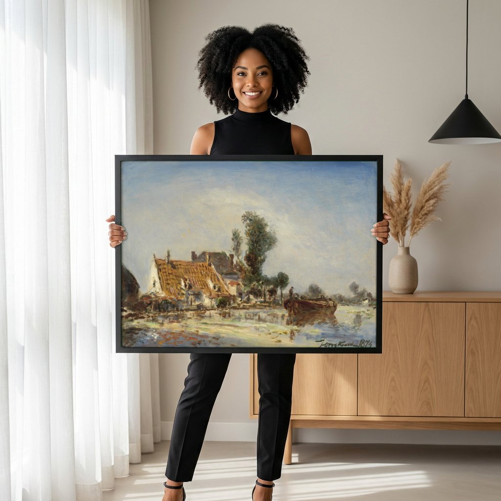 Quadro Decorativo Paisagem com Casas e Barco - Jongkind com modelo em ambiente