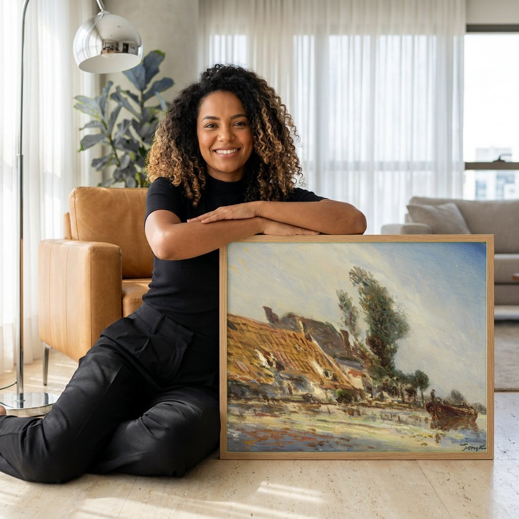 Quadro Decorativo Paisagem com Casas e Barco - Jongkind com modelo em ambiente