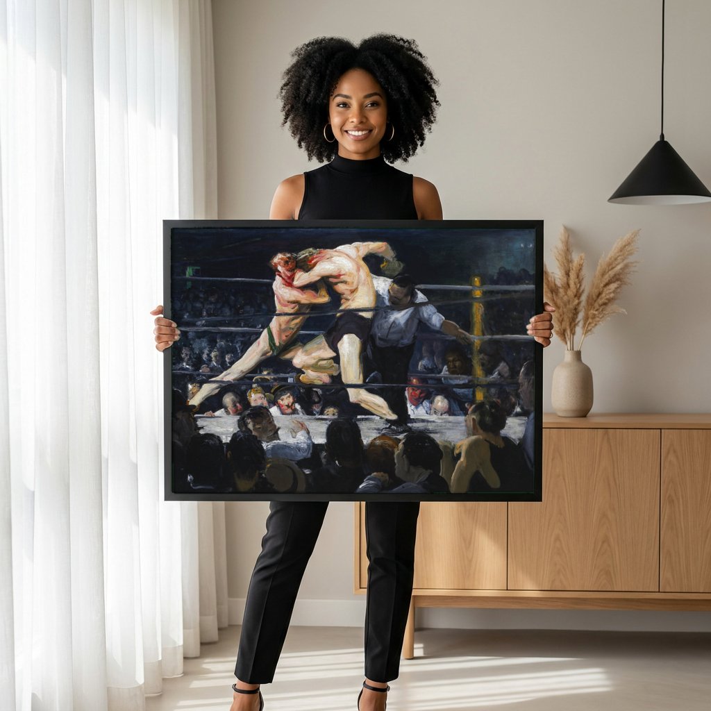 Quadro Decorativo Noite de Boxe - George Bellows com modelo em ambiente