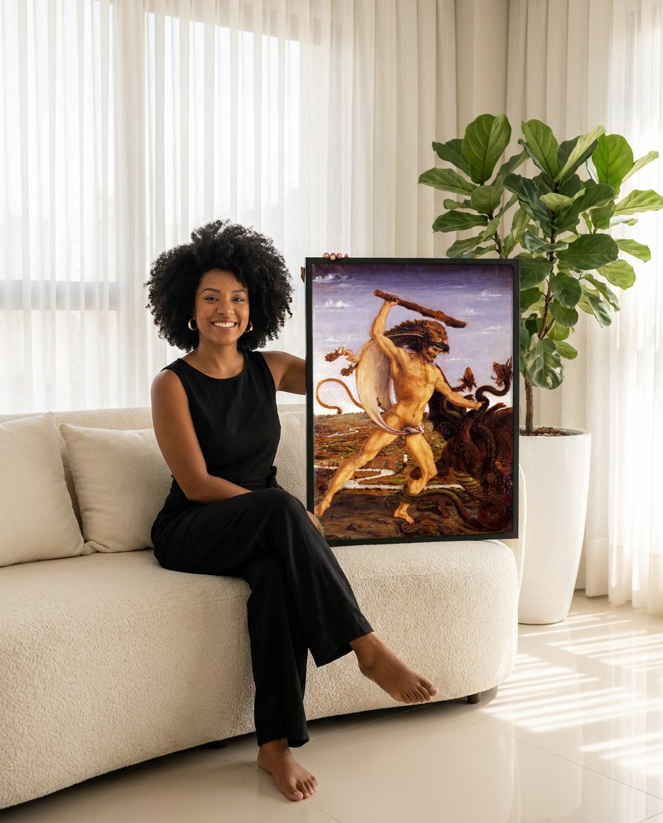 Quadro Decorativo Hércules e a Hidra de Lerna - Botticelli | modelo apresentando o quadro emoldurado