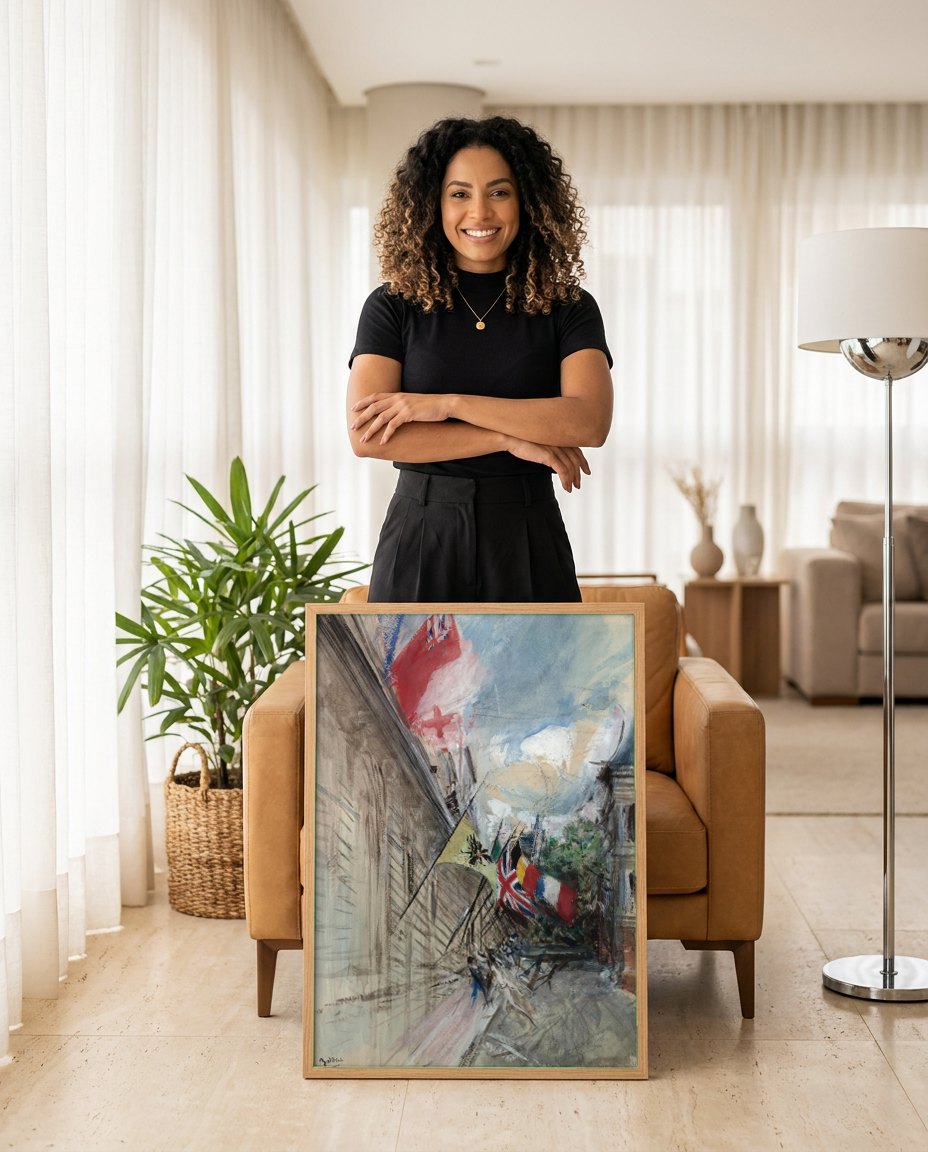 Quadro Decorativo Cenas de Rua com Bandeiras - Boldini | modelo apresentando o quadro emoldurado