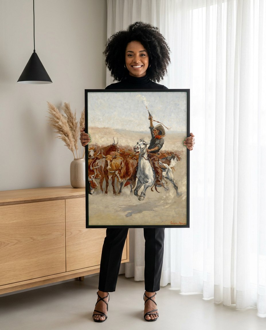 Quadro Decorativo A Stampede - Frederic Remington | modelo apresentando o quadro emoldurado