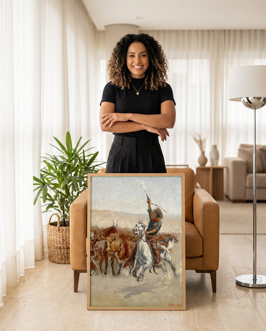 Quadro Decorativo A Stampede - Frederic Remington | modelo apresentando o quadro emoldurado