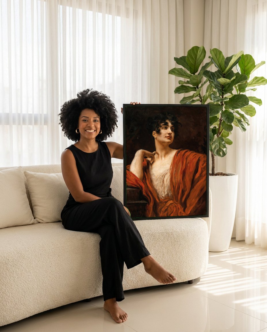 Quadro Decorativo Mulher com Manto Vermelho - Leopold Schmutzler | modelo apresentando o quadro emoldurado
