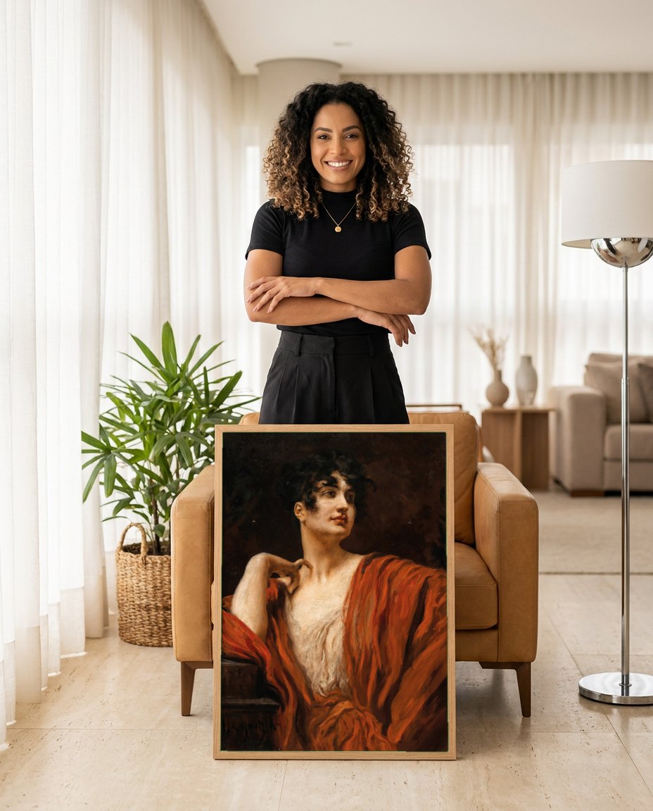 Quadro Decorativo Mulher com Manto Vermelho - Leopold Schmutzler | modelo apresentando o quadro emoldurado