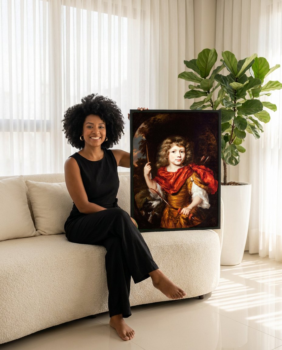 Quadro Decorativo Criança com Arco e Flecha - Nicolaes Maes | modelo apresentando o quadro emoldurado