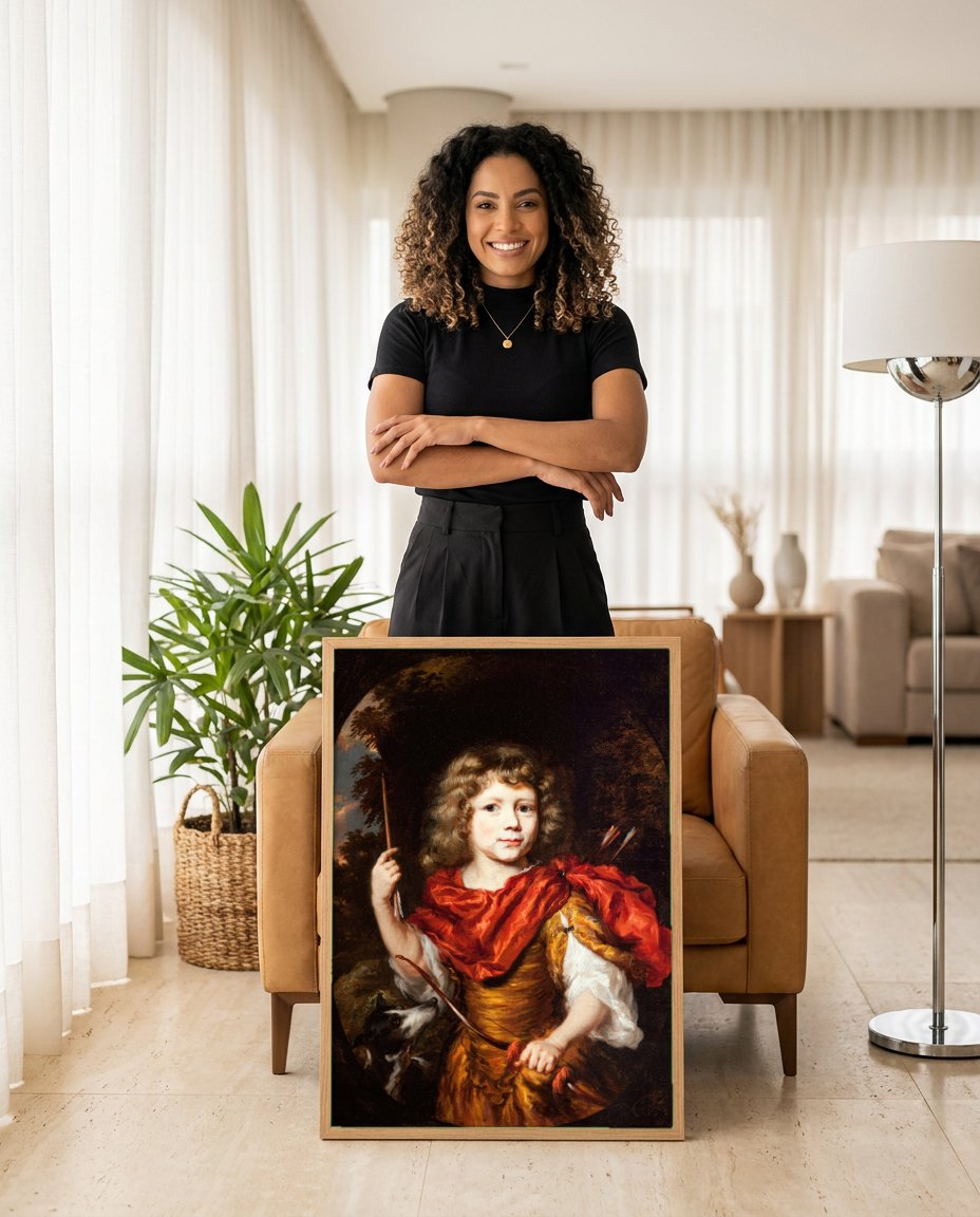 Quadro Decorativo Criança com Arco e Flecha - Nicolaes Maes | modelo apresentando o quadro emoldurado