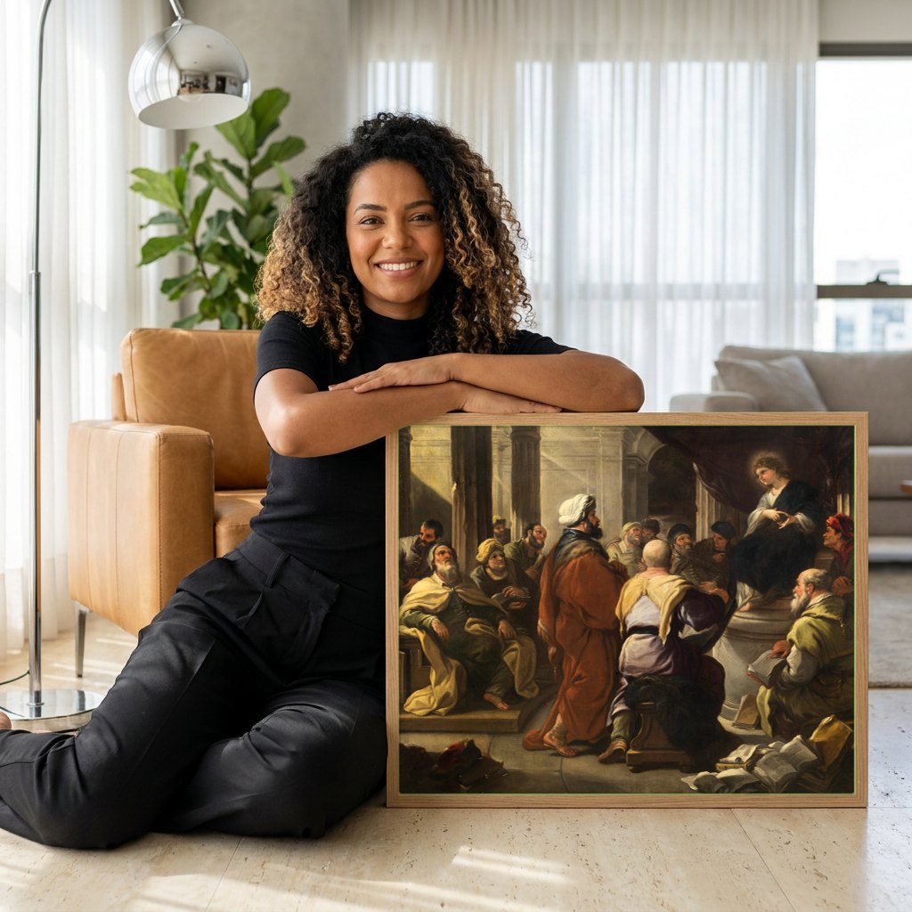 Quadro Decorativo Jesus entre os Doutores - Luca Giordano | modelo apresentando o quadro emoldurado