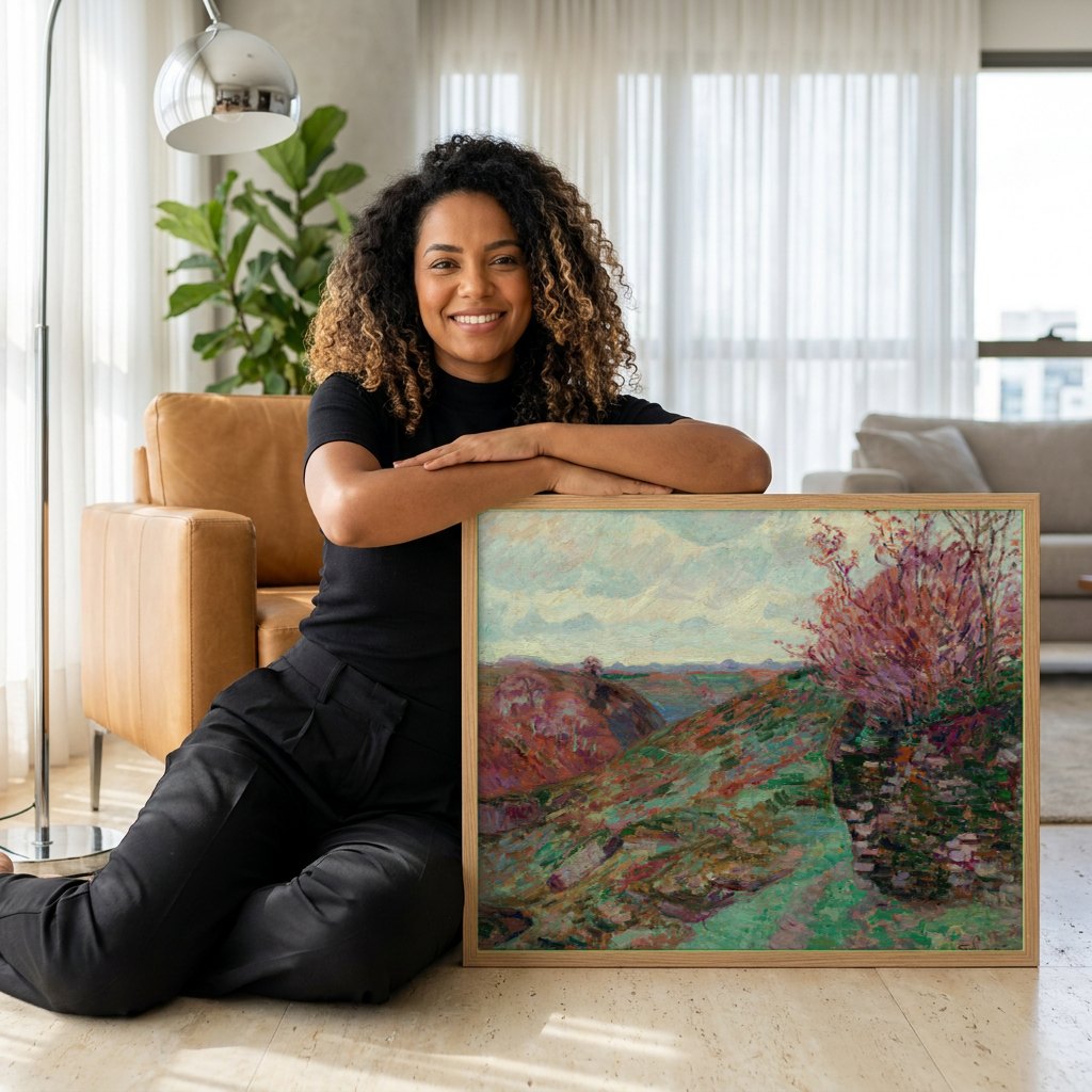 Quadro Decorativo Paisagem com Árvores em Flor - Armand Guillaumin | modelo apresentando o quadro emoldurado