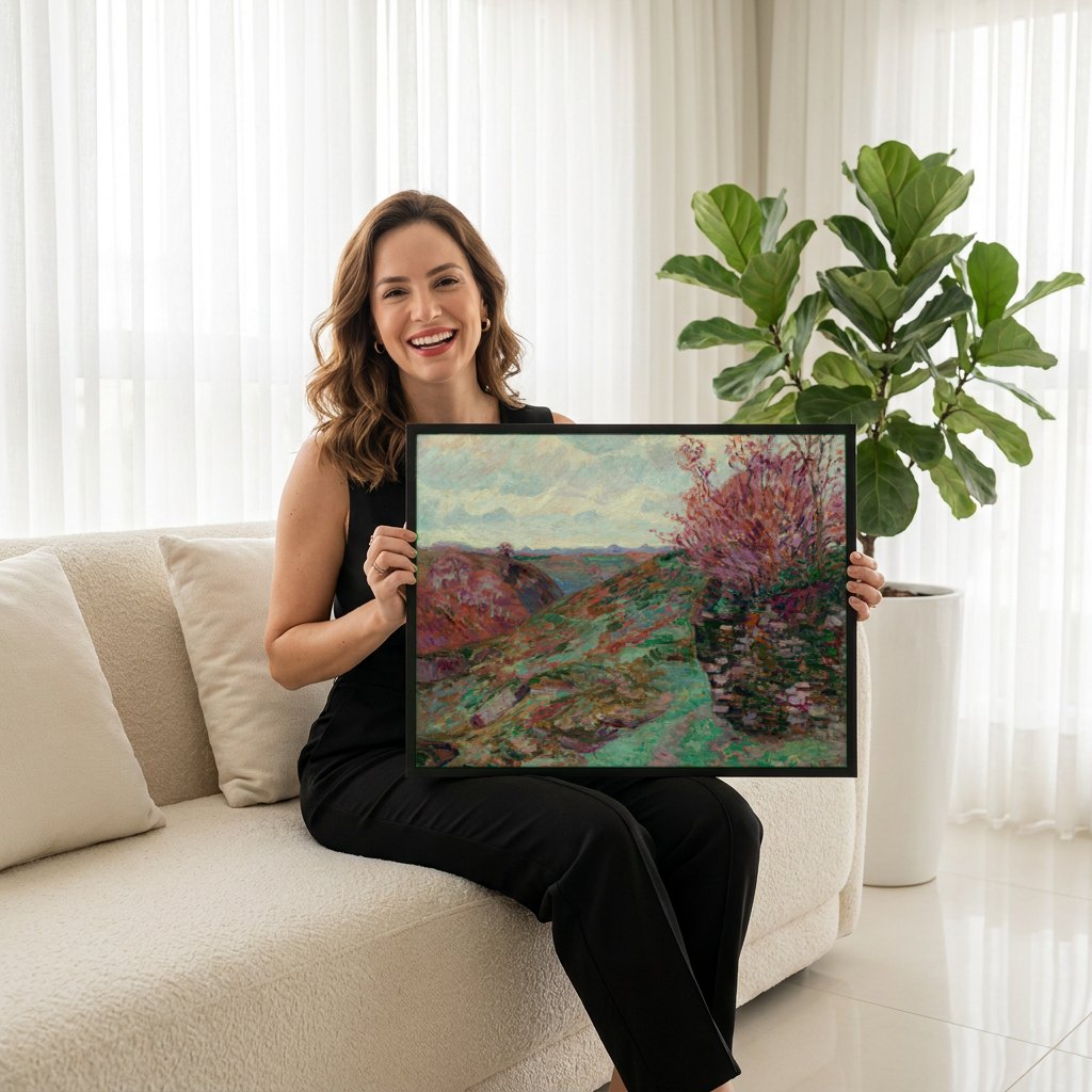 Quadro Decorativo Paisagem com Árvores em Flor - Armand Guillaumin | modelo apresentando o quadro emoldurado