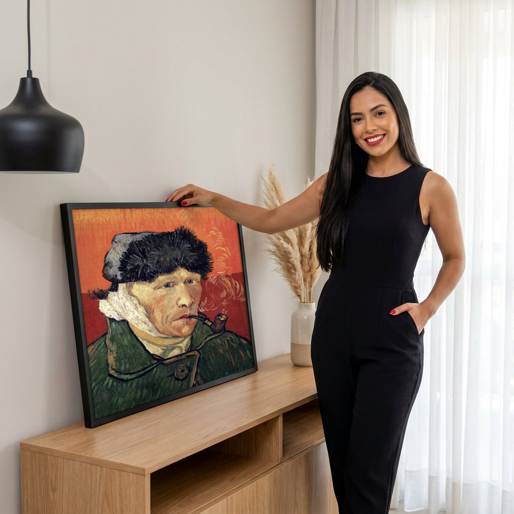 Quadro Decorativo Autorretrato com a Orelha Cortada - Van Gogh | modelo apresentando o quadro emoldurado
