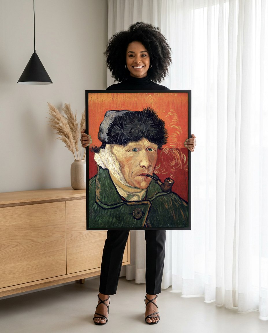 Quadro Decorativo Autorretrato com a Orelha Cortada - Van Gogh | modelo apresentando o quadro emoldurado