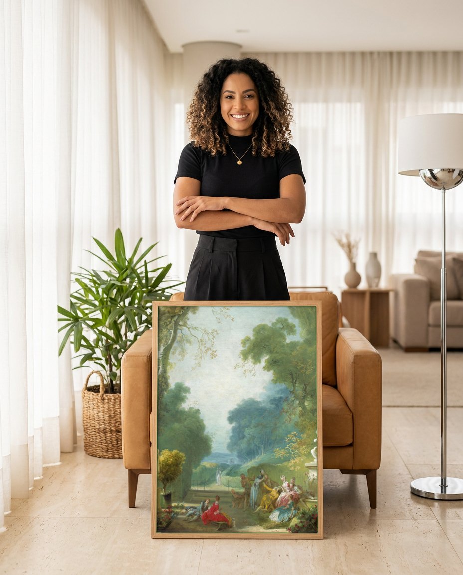 Quadro Decorativo A Festa de St. Cloud - Jean Honoré Fragonard | modelo apresentando o quadro emoldurado