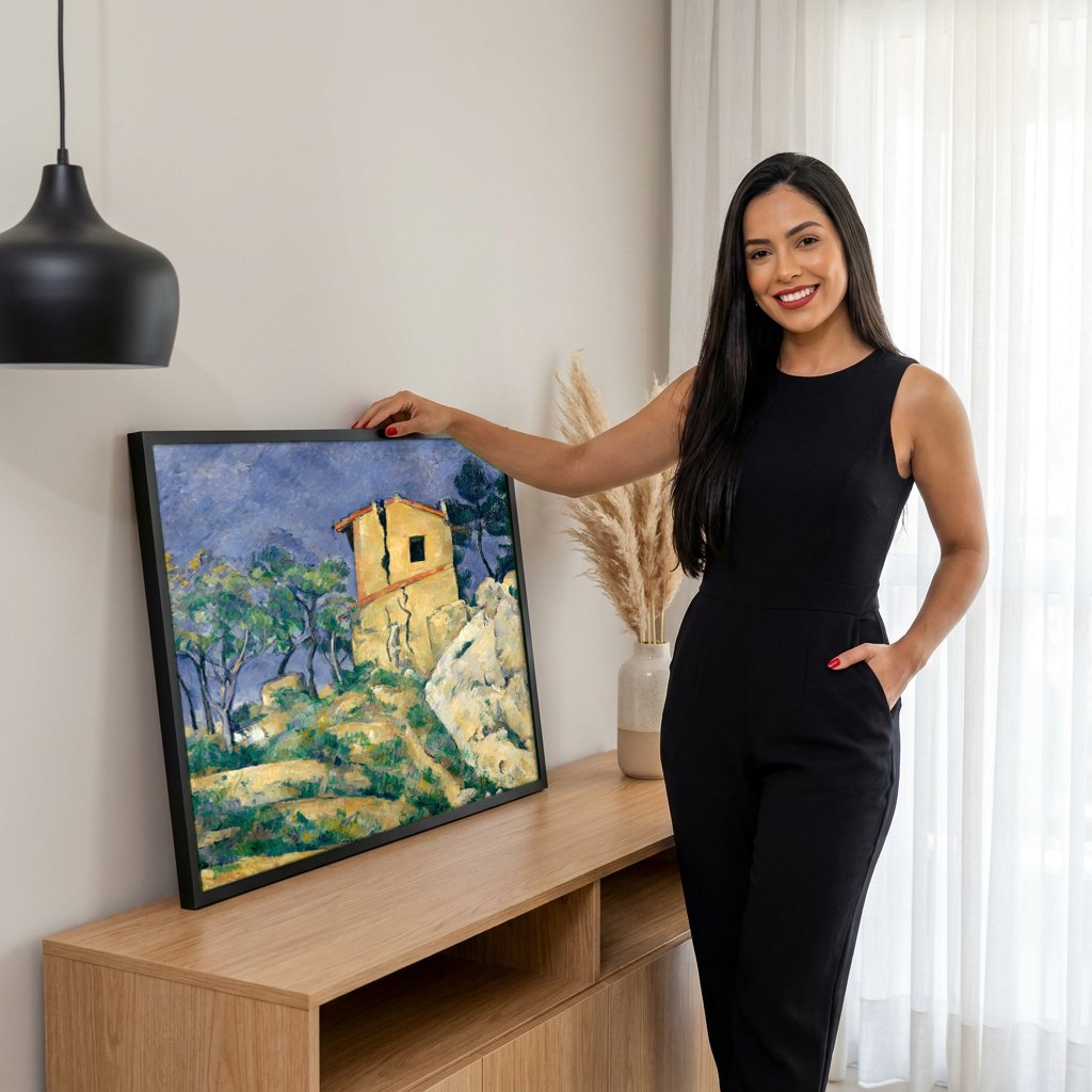 Quadro Decorativo A Casa Rachada - Paul Cézanne | modelo apresentando o quadro emoldurado