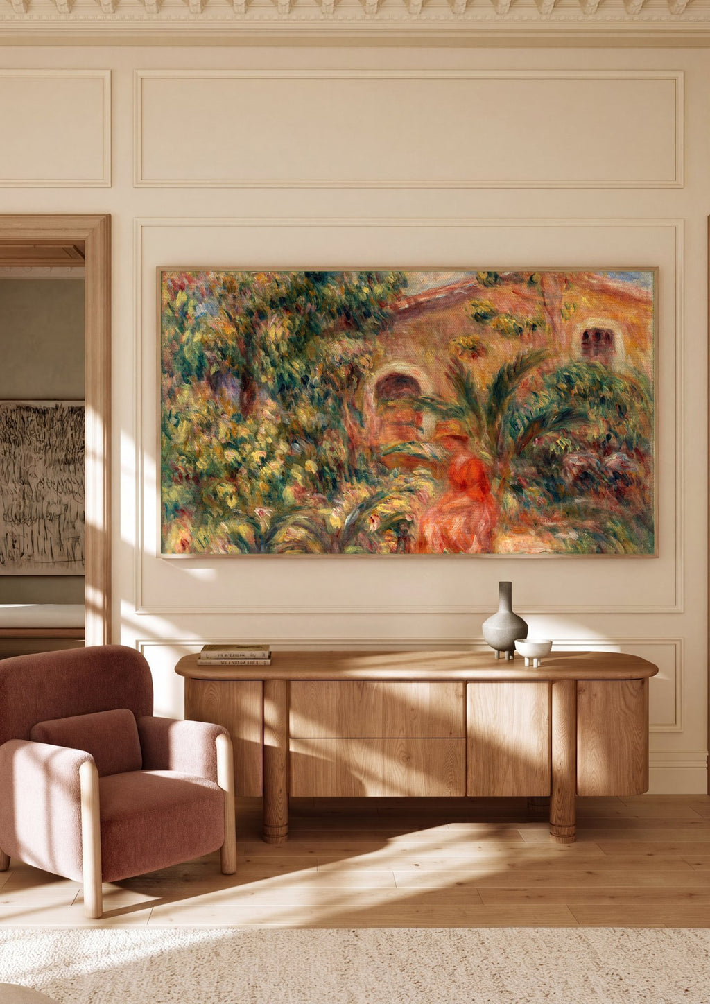 Quadro Decorativo Jardins com Mulher e Cão - Renoir em ambiente decorado