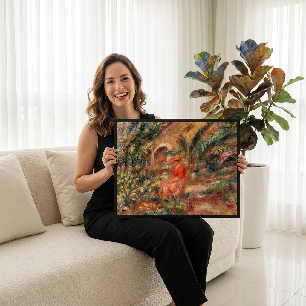 Quadro Decorativo Jardins com Mulher e Cão - Renoir com modelo em ambiente