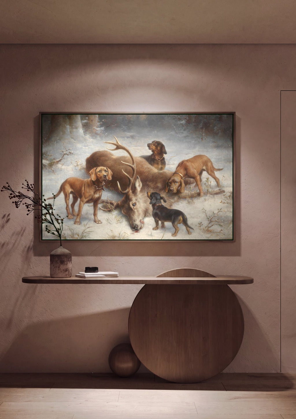 Quadro Decorativo Cães e Veado na Neve - Carl Reichert em ambiente decorado