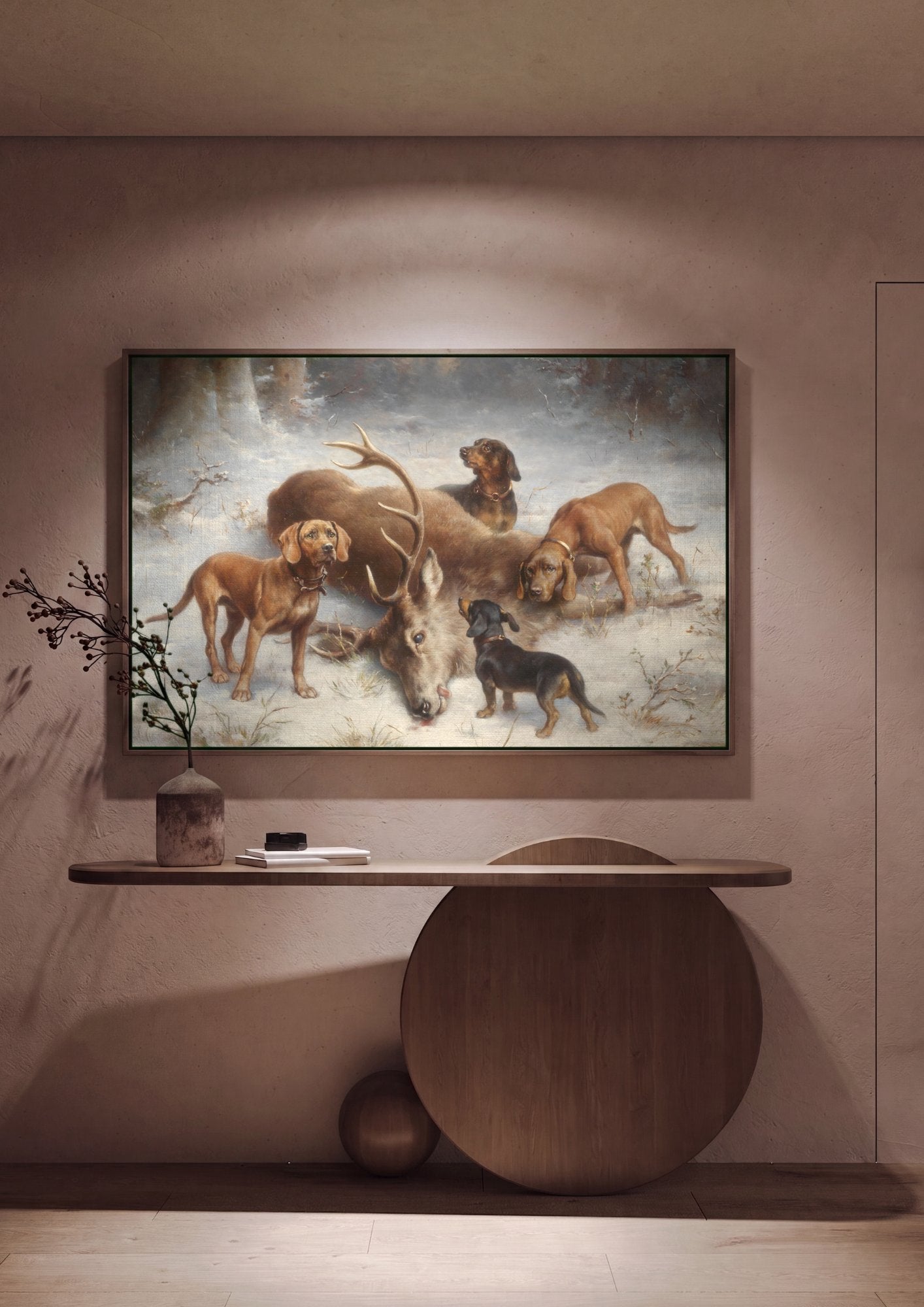 Quadro Decorativo Cães e Veado na Neve - Carl Reichert em ambiente decorado