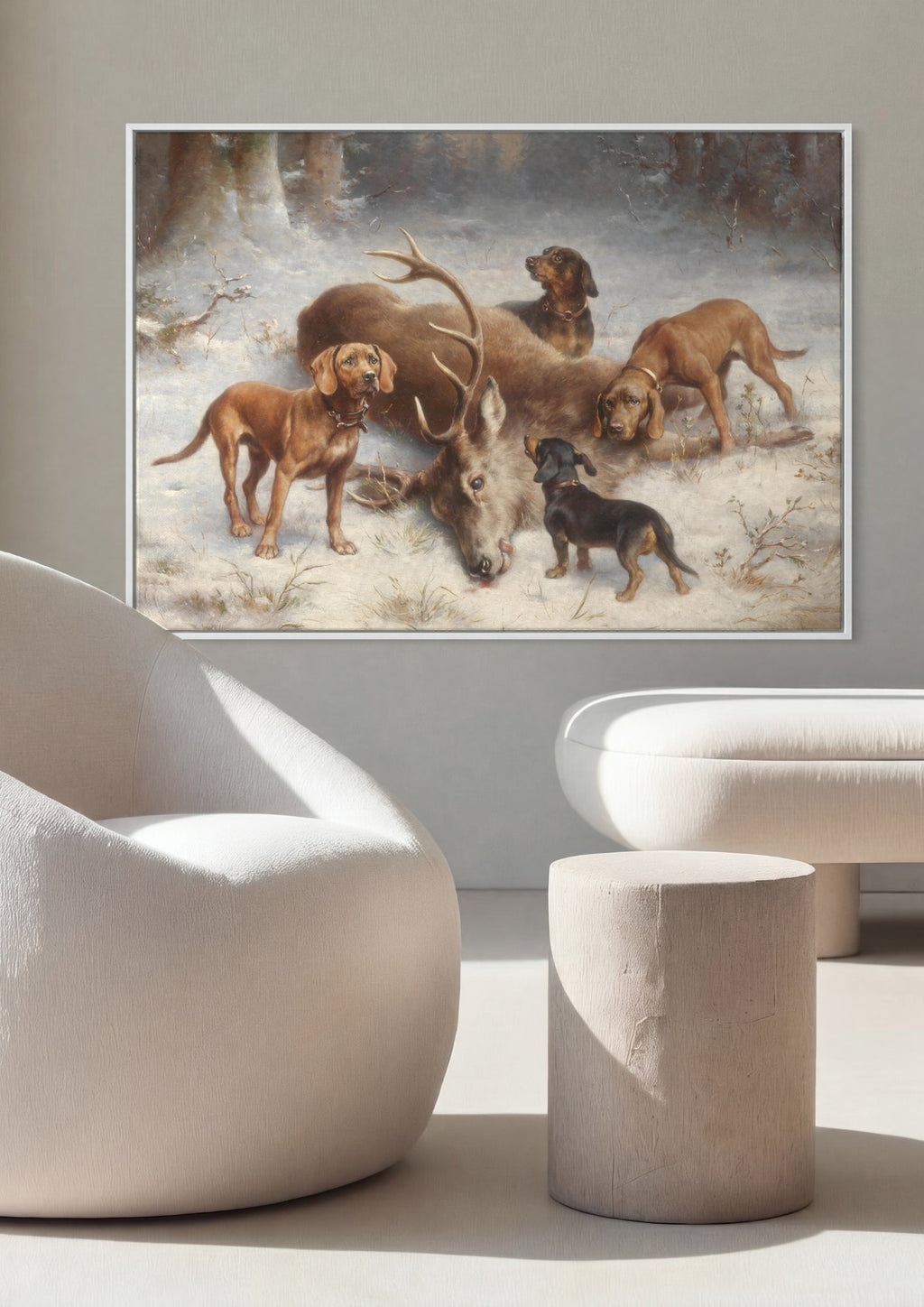 Quadro Decorativo Cães e Veado na Neve - Carl Reichert em ambiente decorado