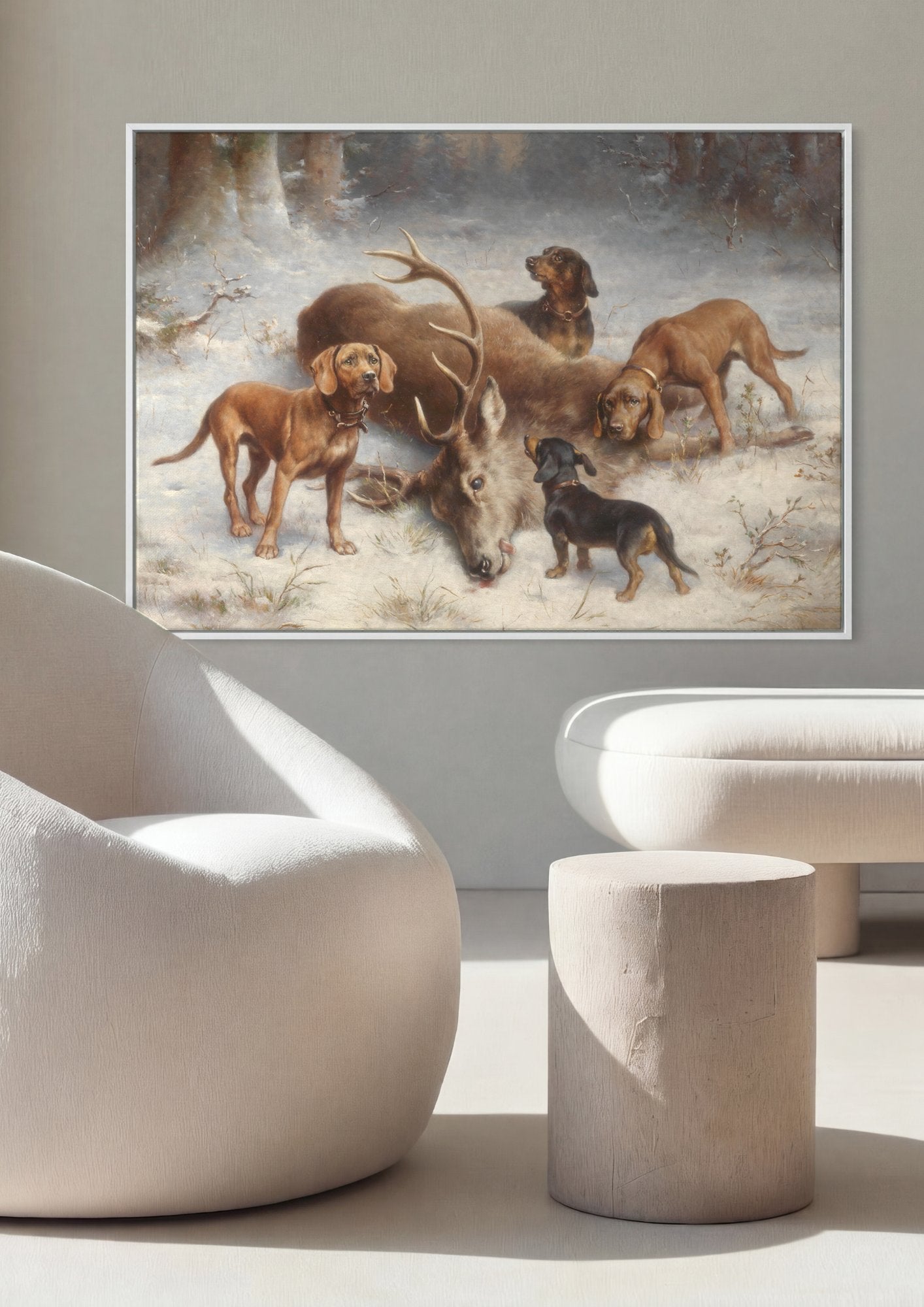 Quadro Decorativo Cães e Veado na Neve - Carl Reichert em ambiente decorado