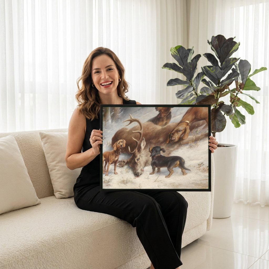 Quadro Decorativo Cães e Veado na Neve - Carl Reichert com modelo em ambiente