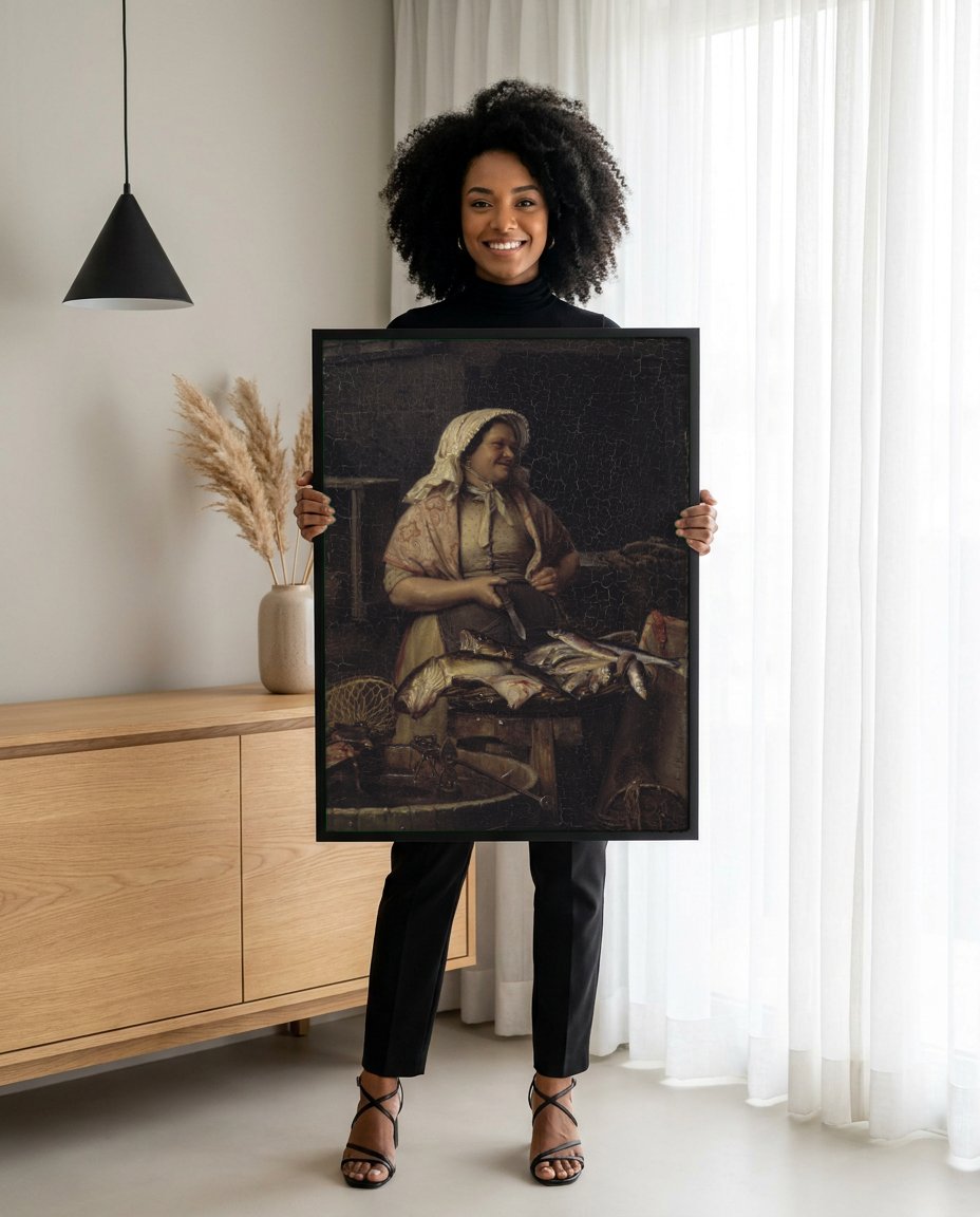 Quadro Decorativo A Vendedora de Peixe - Carl Bloch com modelo em ambiente